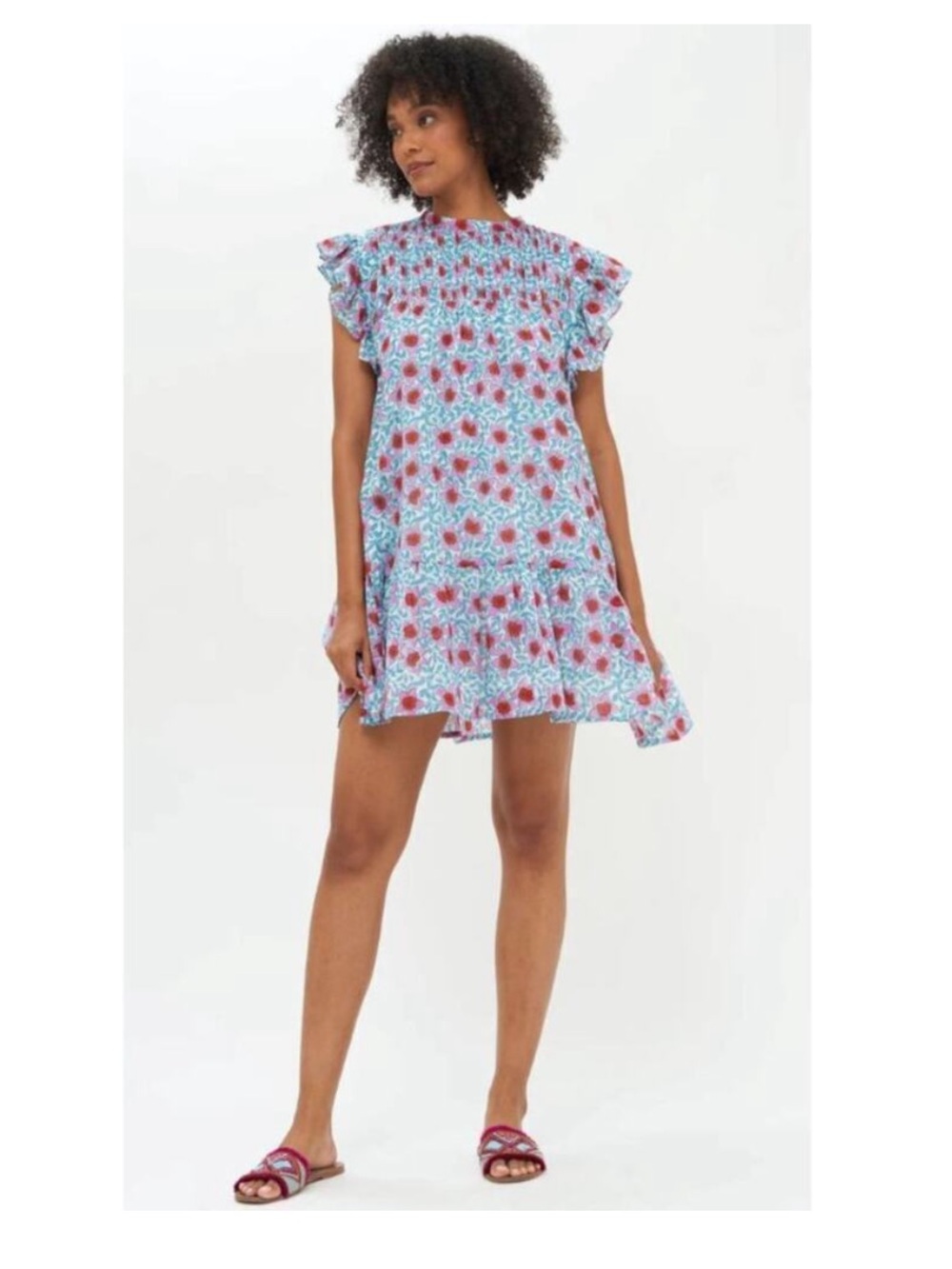 Oliphant Jardin Turquoise Pintuck Smocked Dress XS